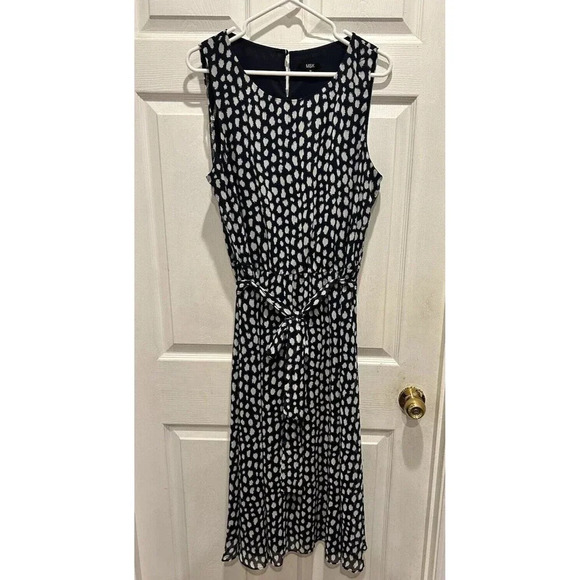 MSK Chiffon Polka Dot Tie Waist Dress Blue White Women’s Size 14